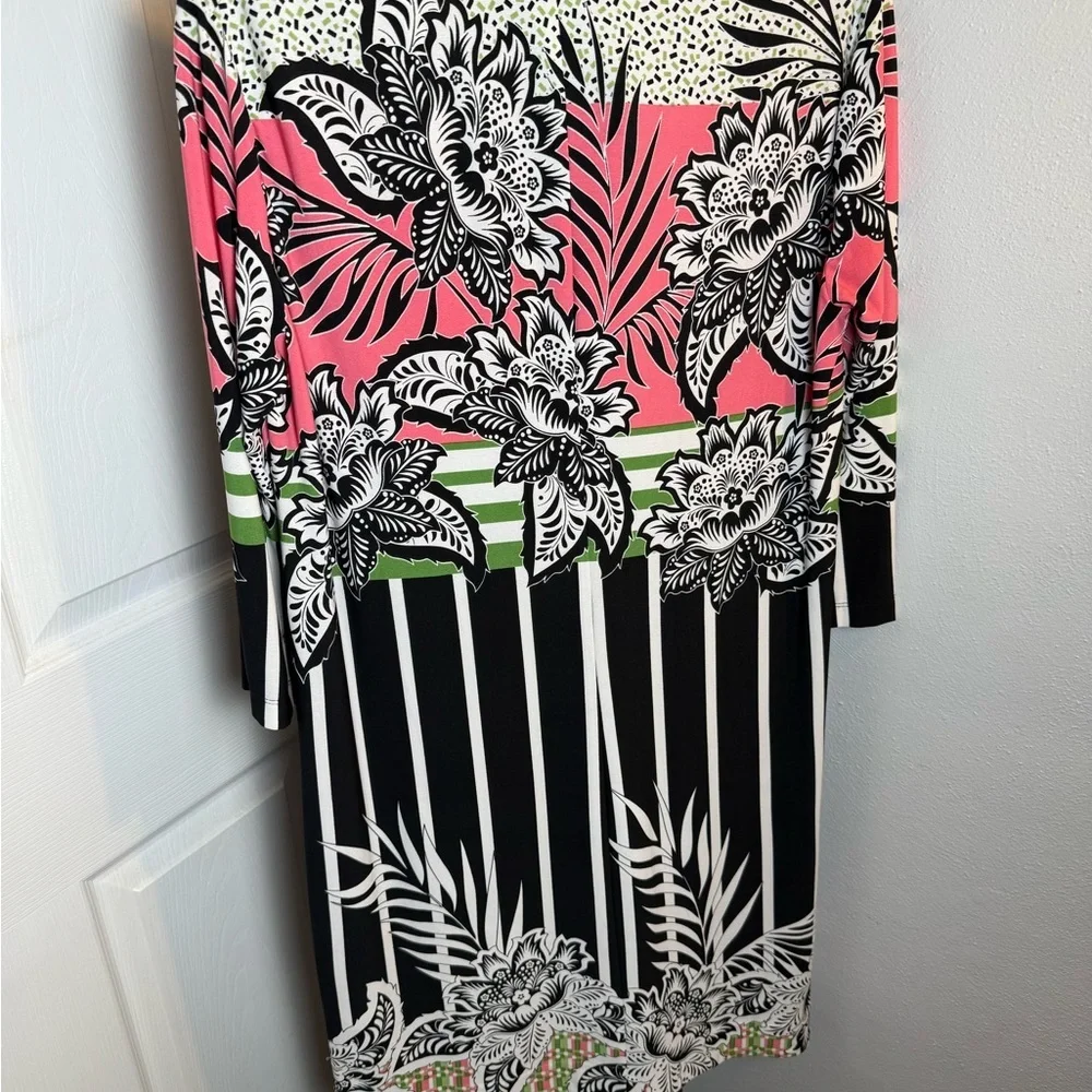 Donna Morgan Floral Print Midi Dress - Pink, Green, Black - Picture 3 of 9